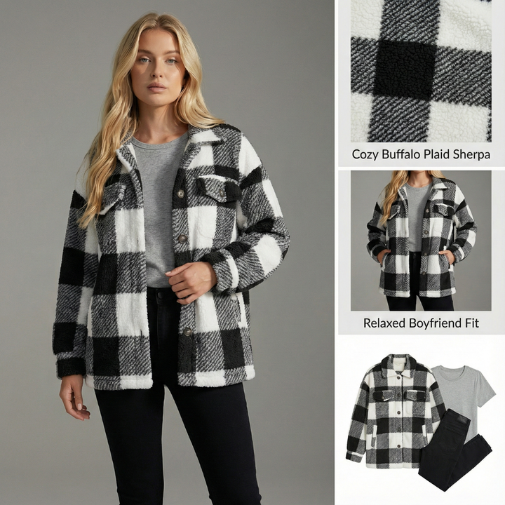 Women's oversized fleece plaid button-up shacket, warm & cozy for winter fashion.