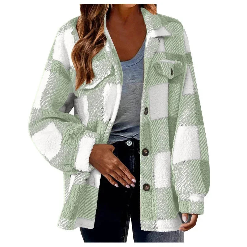 Durable women's oversized fleece plaid button-up shacket, stylish & practical.