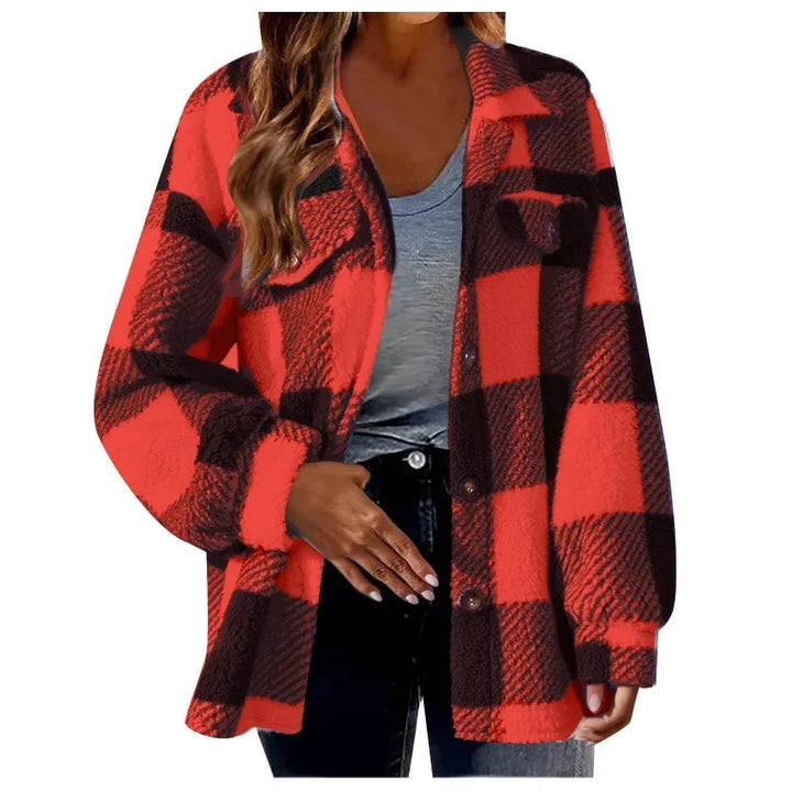 Women's oversized plaid fleece shacket, button-up design, perfect for cool weather.