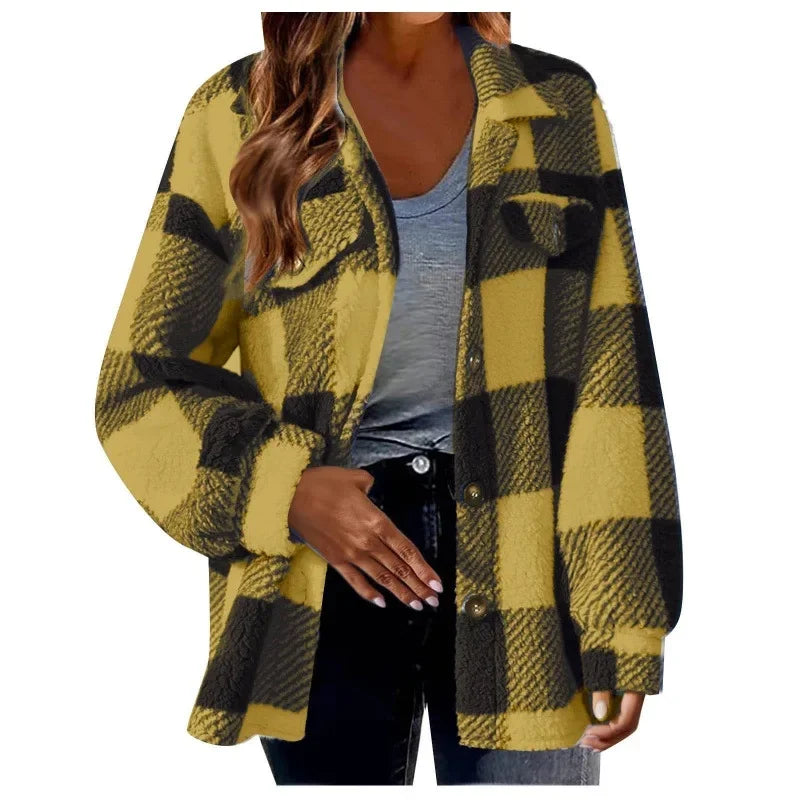Cozy women's button-up oversized fleece plaid shacket, essential winter fashion.