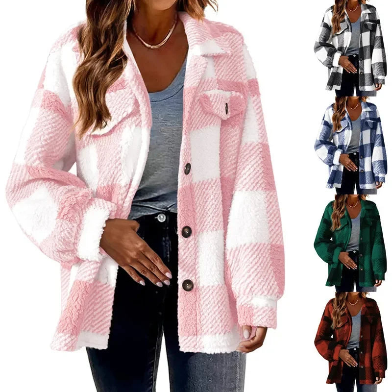Stylish women's oversized plaid fleece shacket, button-up, for modern streetwear looks.
