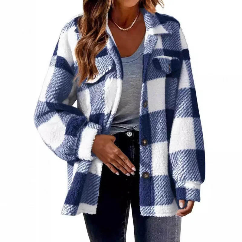 Women's oversized fleece plaid shacket, button-up closure, perfect blend of top & jacket.