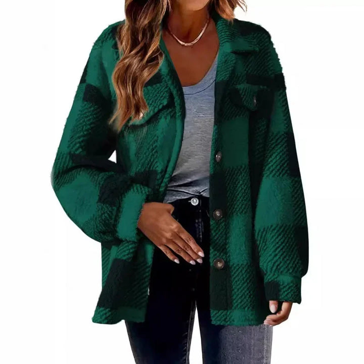 Cozy button-up oversized plaid fleece shacket for women, a must-have for cold days.