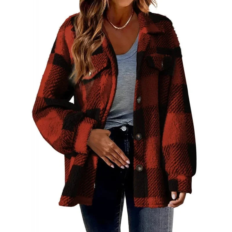 Stylish women's oversized plaid fleece shacket, button-up top, perfect for streetwear.