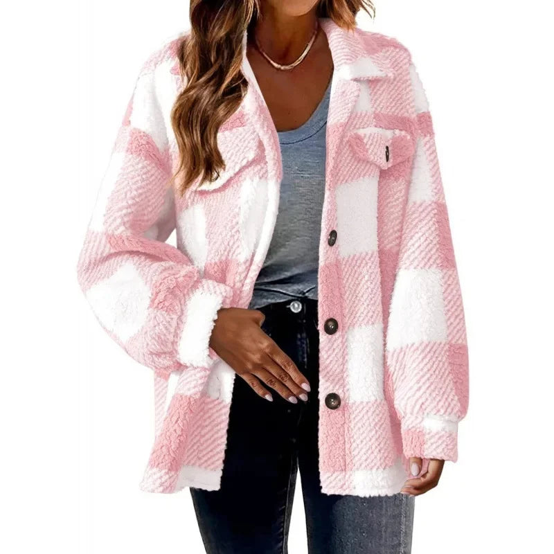 Cozy women's oversized fleece plaid button-up jacket, ideal for warm winter layering.