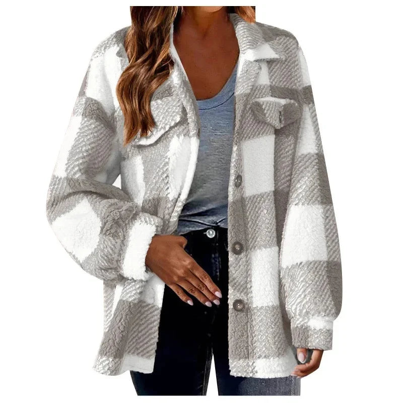 Classic plaid pattern on women's oversized fleece shacket, button-up, soft & comfortable.