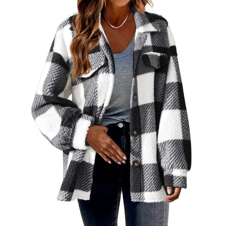 Button-front oversized plaid fleece shacket for women, soft texture, cozy winter top.