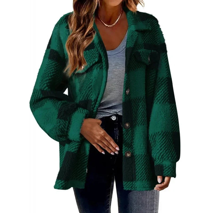 Streetwear women's oversized fleece plaid shacket, button-up, modern winter jacket.