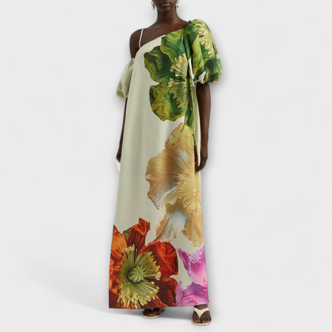 Flowy bohemian women's floral maxi dress with off-shoulder neckline and puff sleeves for comfortable summer style.