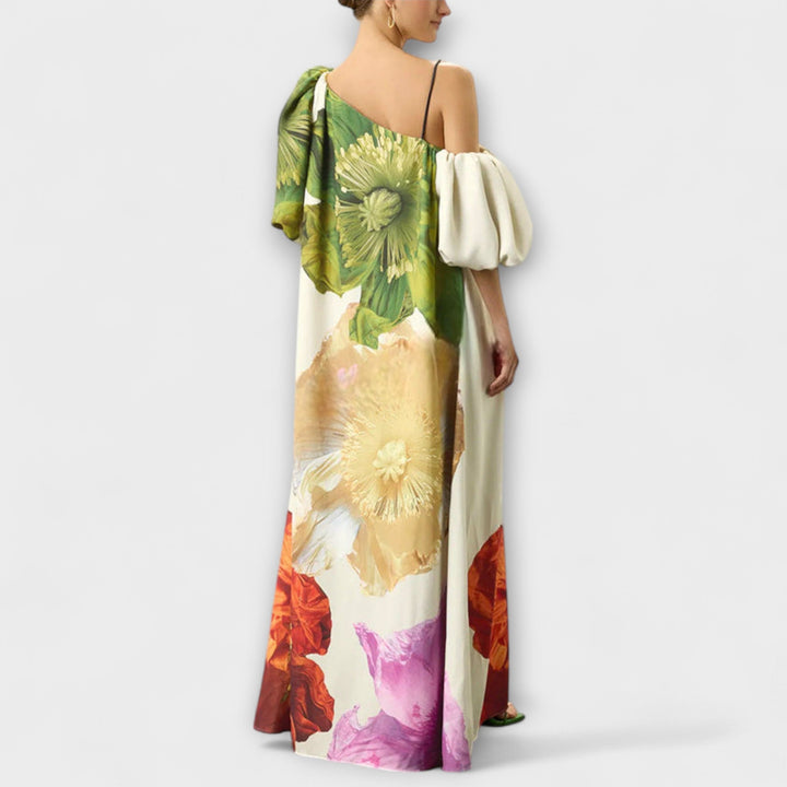 Oversized floral print women's maxi dress with an elegant off-shoulder design and stylish puff sleeves, very flowy.