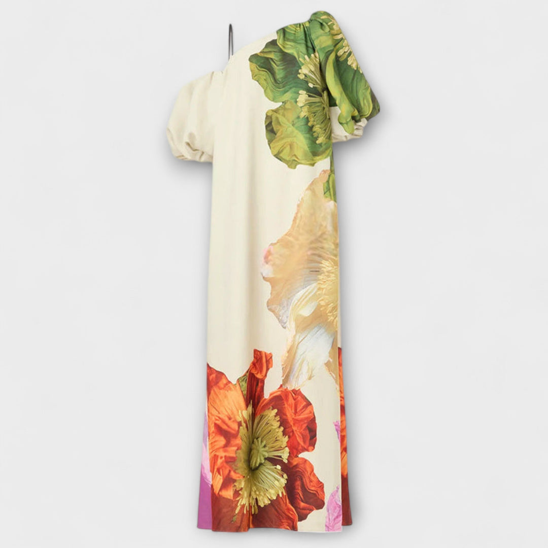 Statement women's oversized floral off-shoulder maxi dress with puff sleeves, perfect for a chic bohemian look.