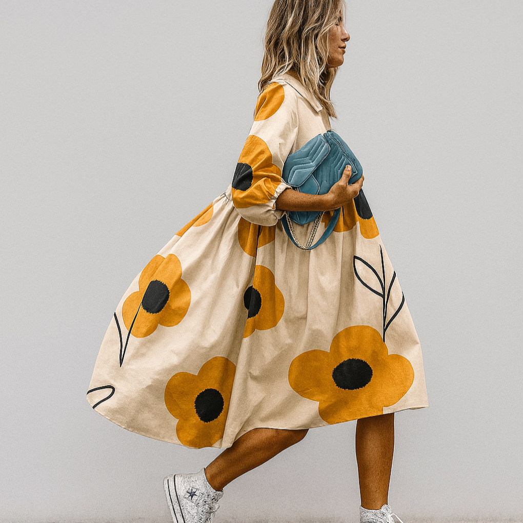 Vibrant floral print A-line midi dress for women, featuring a relaxed fit and puff sleeves.