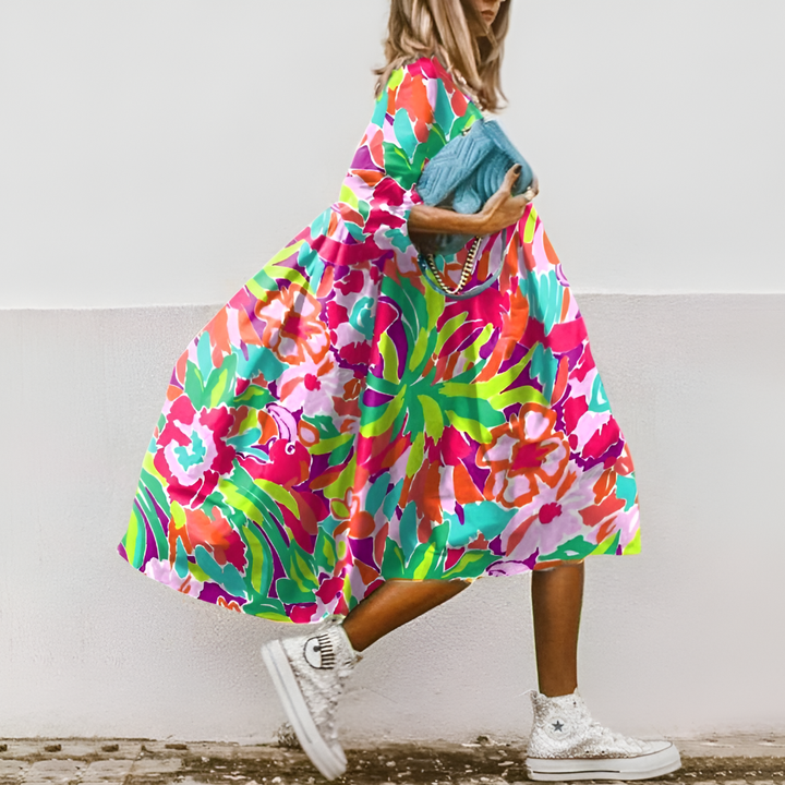 Chic women's summer floral midi dress with an oversized A-line silhouette, ideal for casual and brunch.