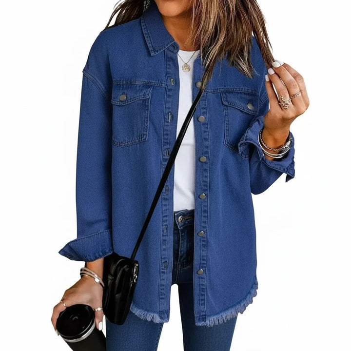 Relaxed fit women's jacket featuring a trendy fringe hem and comfortable oversized style.