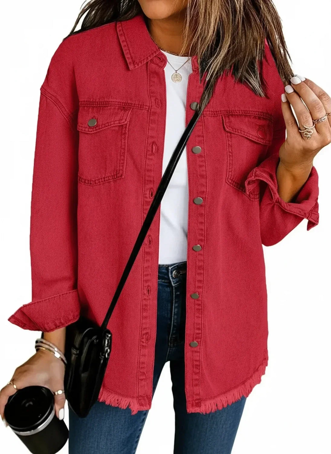 Fashionable women's outerwear: an oversized shirt jacket with eye-catching fringe hem.