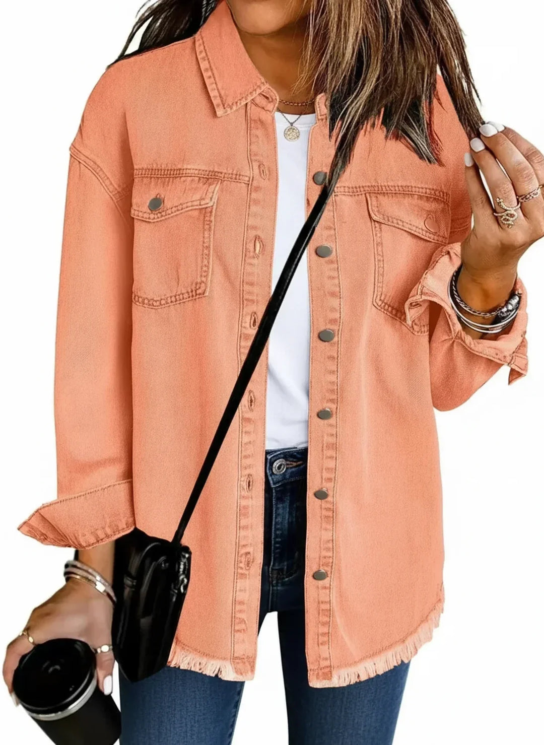 Trendy women's shacket: an oversized jacket with a relaxed fit and decorative fringe hem.