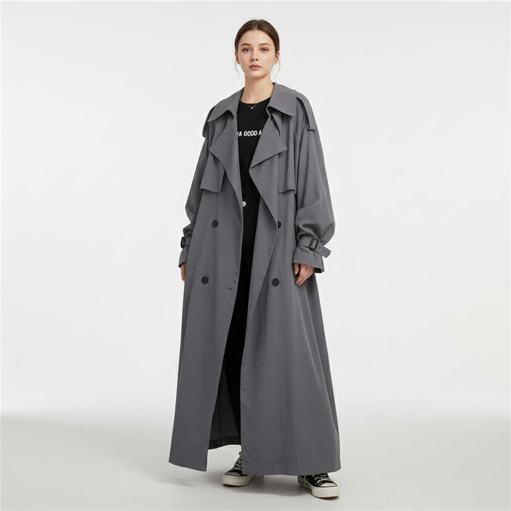 Chic women's oversized trench coat with a loose fit, perfect as a full-length elegant outerwear for fall/winter.