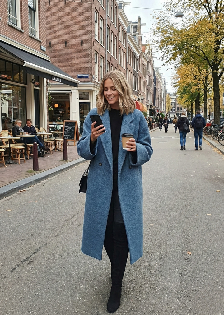 Chic women's oversized maxi coat in classic style. Elegant winter fashion outerwear for versatile cold-weather looks.