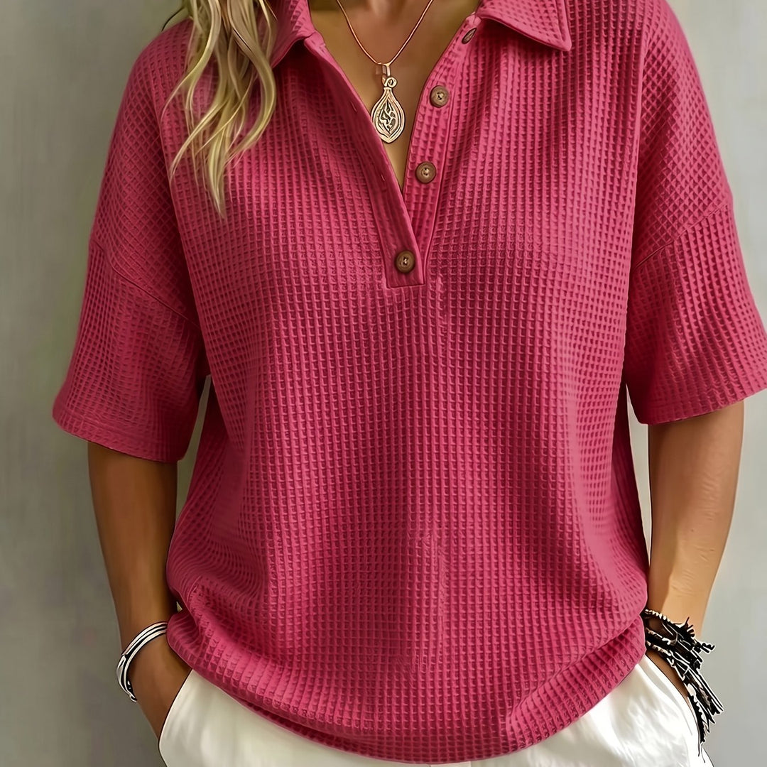 Relaxed chic women's oversized polo top, comfortable drop shoulder design, perfect for casual spring fashion.