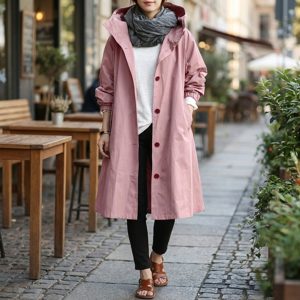 Women's oversized raincoat, stylish & waterproof for spring & autumn weather protection.