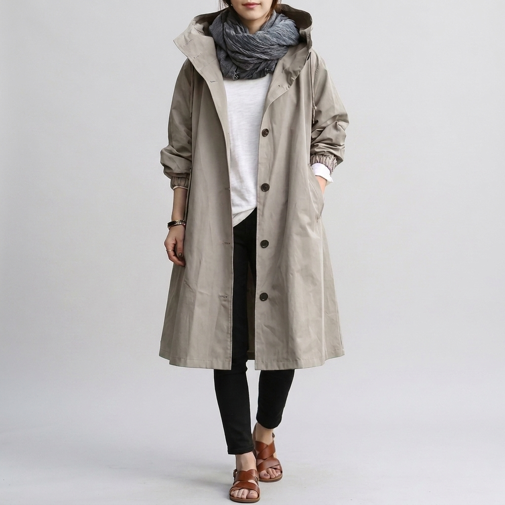 Trendy women's oversized rain jacket, perfect casual outerwear for wet spring days.