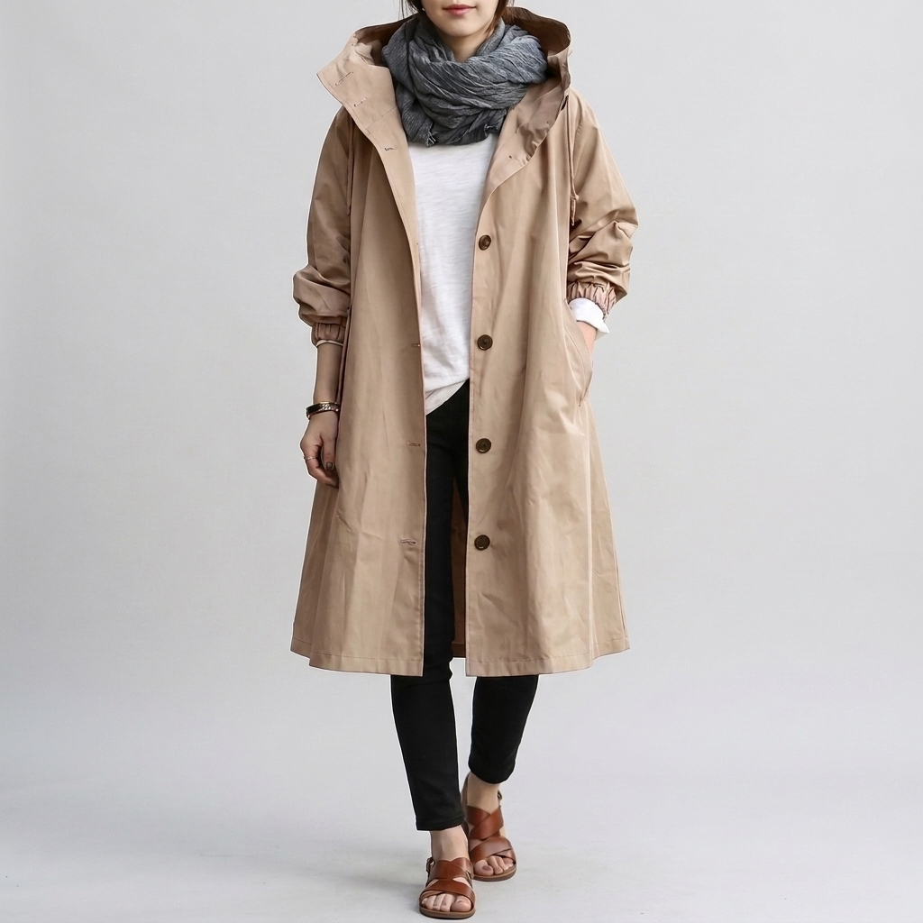 Lightweight waterproof women's oversized coat, ideal for comfortable weather protection.