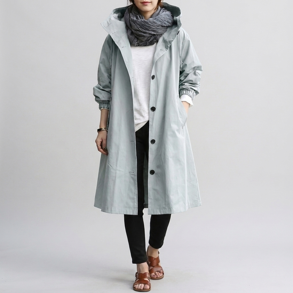 Woman enjoying outdoors in a fashionable oversized rain jacket, providing waterproof comfort & style.