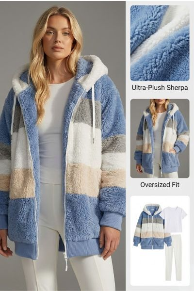 Women's oversized striped plush hooded winter jacket for cozy warmth & casual style.