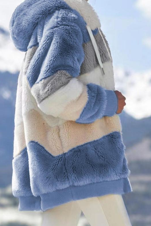 Oversized striped plush hooded women's winter jacket, ideal for cold weather fashion.