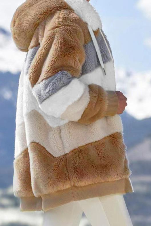 Stylish women's oversized striped coat. Plush, hooded & warm for winter fashion.