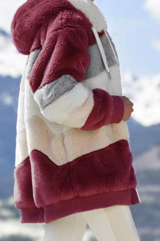 Casual women's oversized hooded winter jacket with cozy plush & chic stripes.