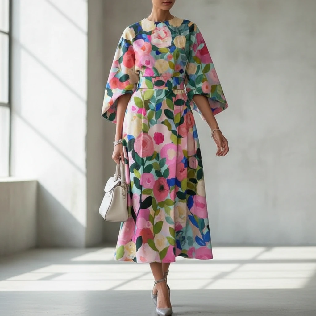 Women's painterly floral A-line midi dress with elegant puff sleeves, perfect for summer parties or wedding guests.