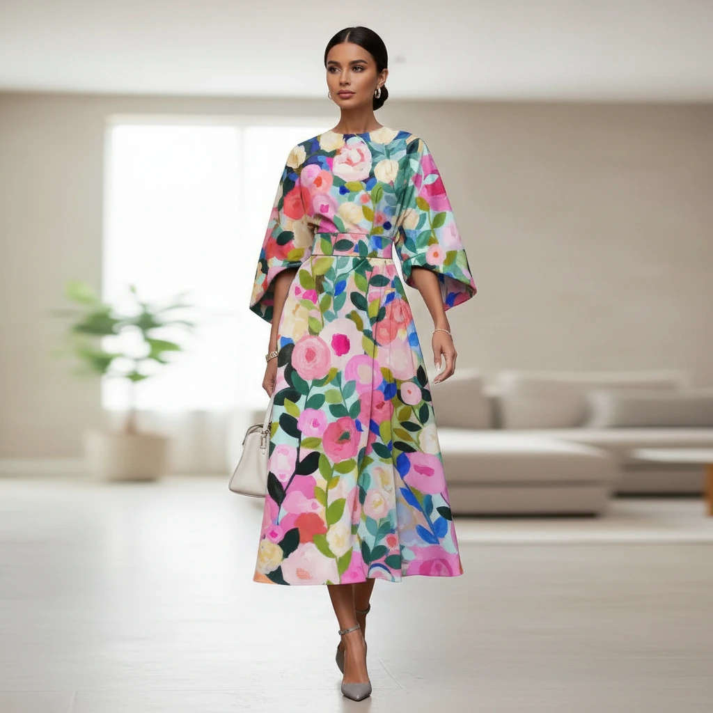 Colorful brushstroke floral midi dress, a-line silhouette, and puff sleeves for a stylish wedding guest outfit.