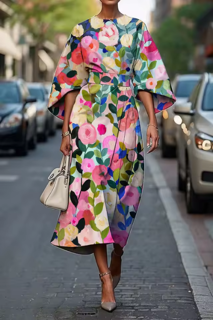 Elegant women's floral midi dress with puff sleeves & A-line cut. Ideal for special occasions, summer, or parties.