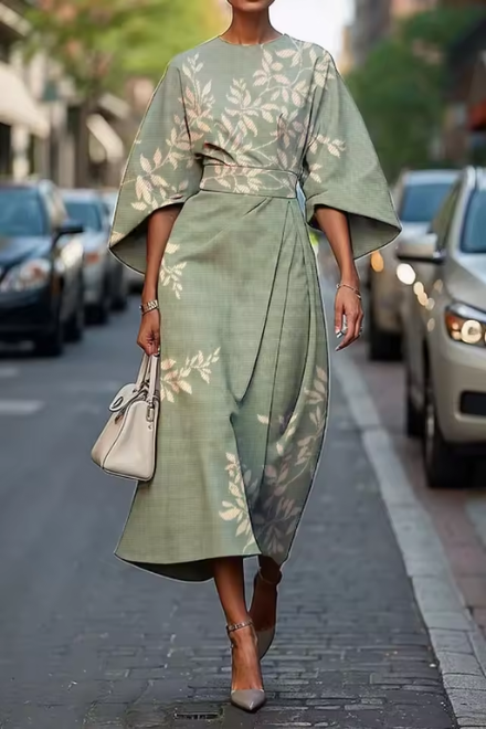 Stylish women's floral midi dress, a-line shape with elegant puff sleeves & vibrant brushstroke print. Summer fashion.