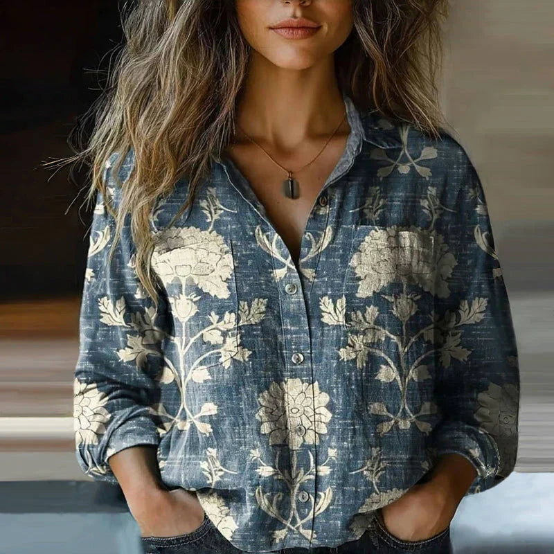 Unique women's long sleeve boho blouse with a gradient paisley bandana print & button-down front for festivals.