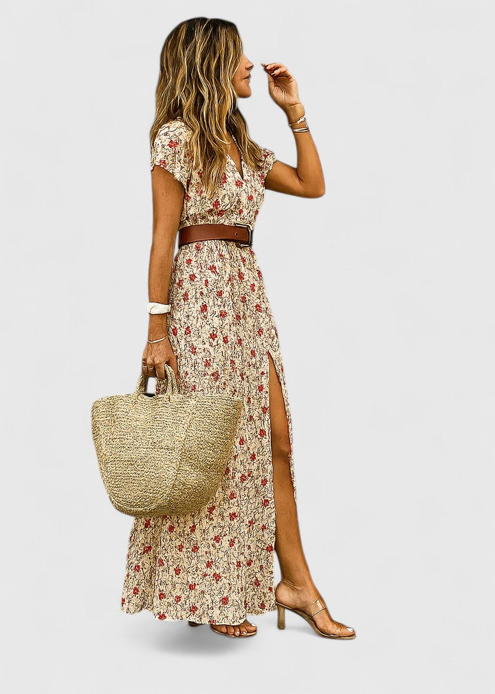 Boho style women's paisley maxi dress, V-neck, belted, side slit; perfect flowy summer or vacation wear.