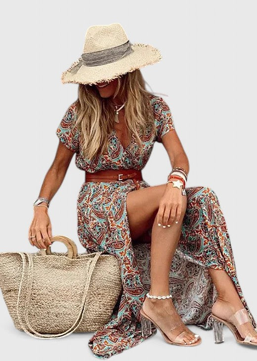 Elegant women's V-neck paisley print maxi dress featuring a chic side slit and belted waist. Perfect for spring.