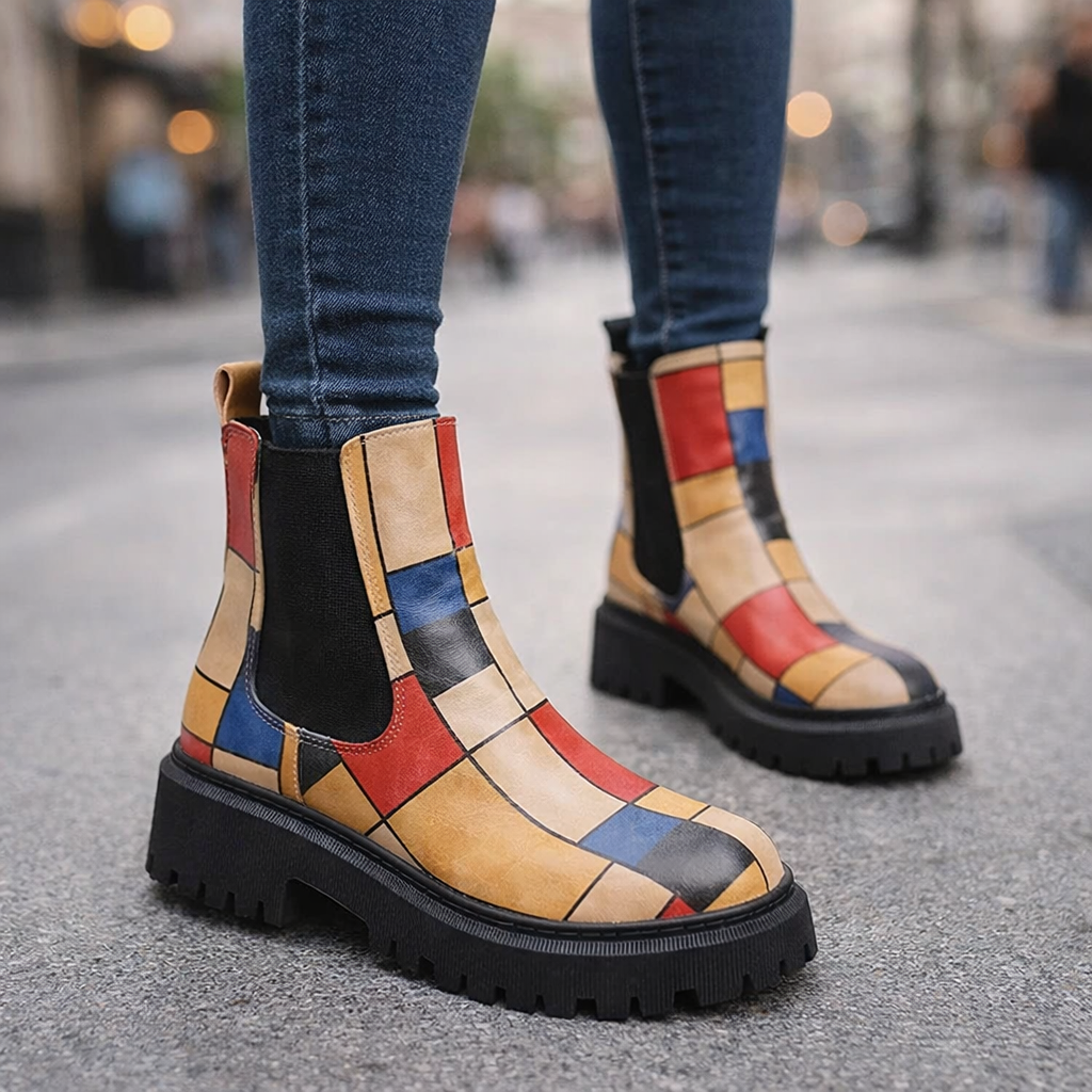 Women's patchwork ankle boots with comfortable design & lug sole, perfect for everyday fashion.
