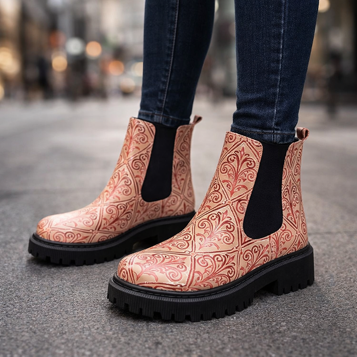 Comfortable women's ankle boots with unique patchwork pattern, ideal for daily wear.