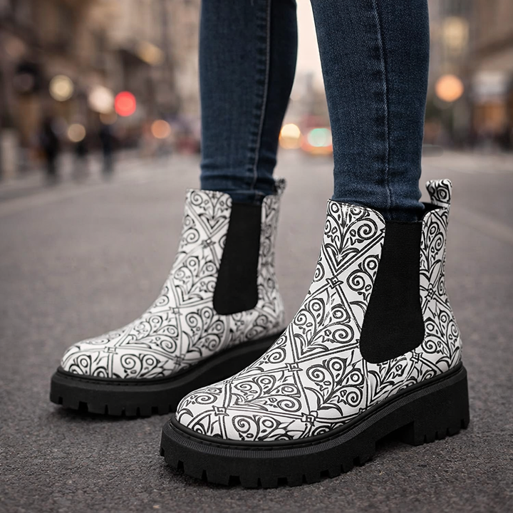 Fashionable women's ankle boots, patchwork upper, and a supportive lug sole for all-day comfort.