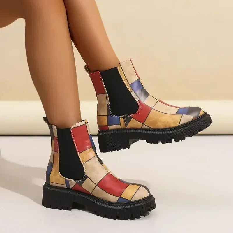 Stylish women's patchwork ankle boots with a thick lug sole, designed for ultimate comfort and support.