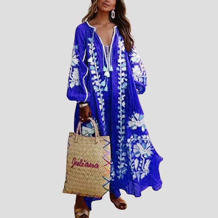 Colorful V-neck long sleeve bohemian maxi dress for women, ideal for casual spring or fall wear.