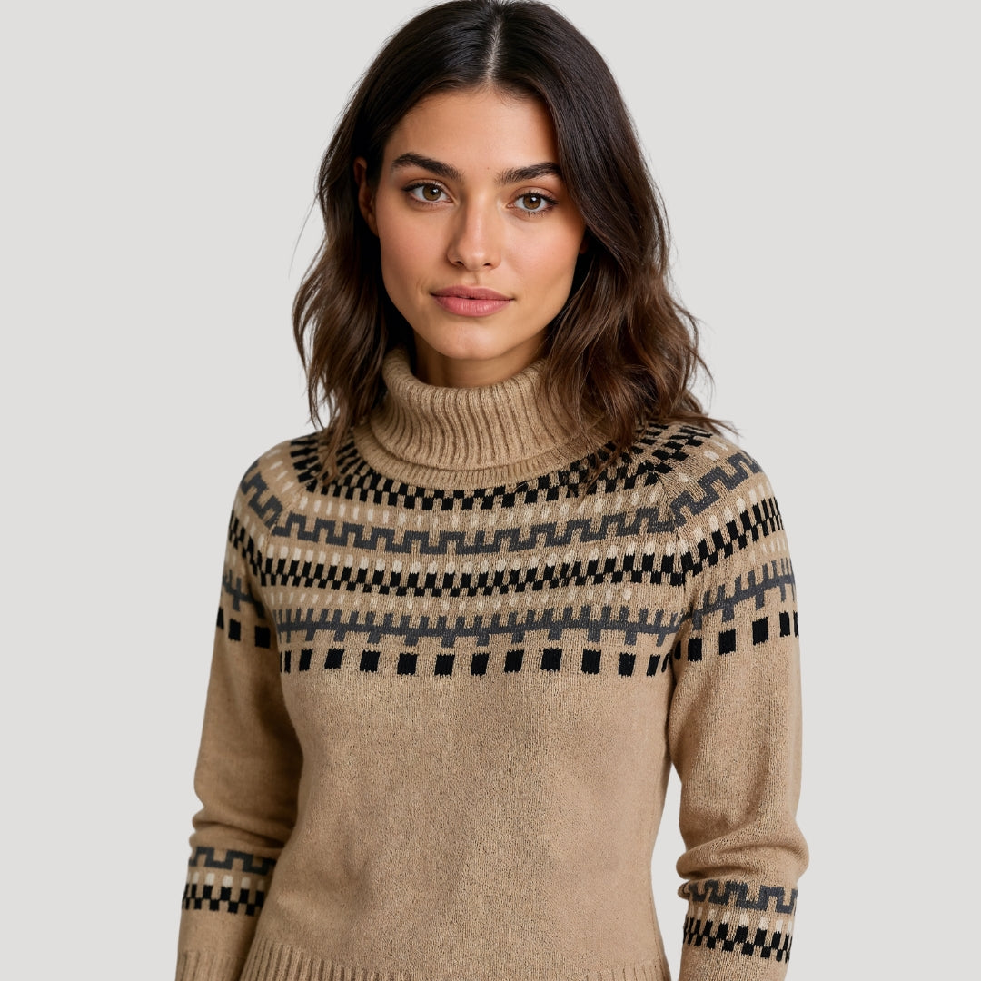 Stylish women's patterned knit turtleneck. Perfect for a casual spring look