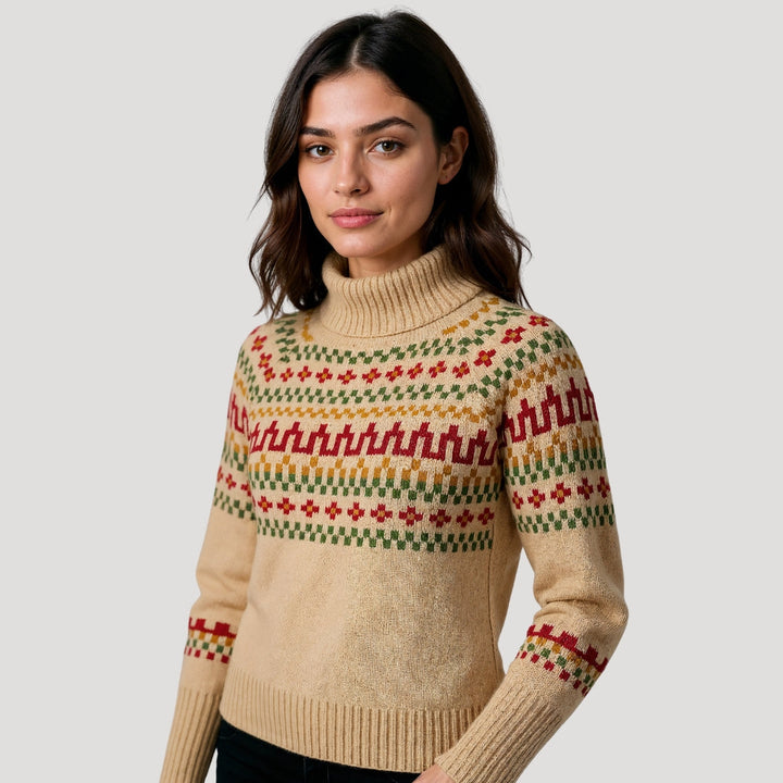 Close-up of a comfortable patterned knit turtleneck sweater for women
