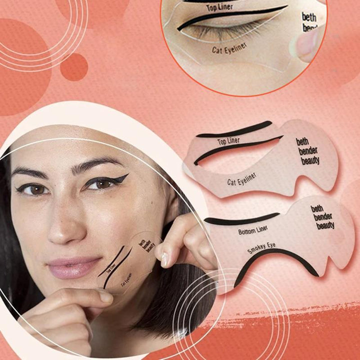 Female hand demonstrating the use of an eyeliner stencil for easy eye makeup application