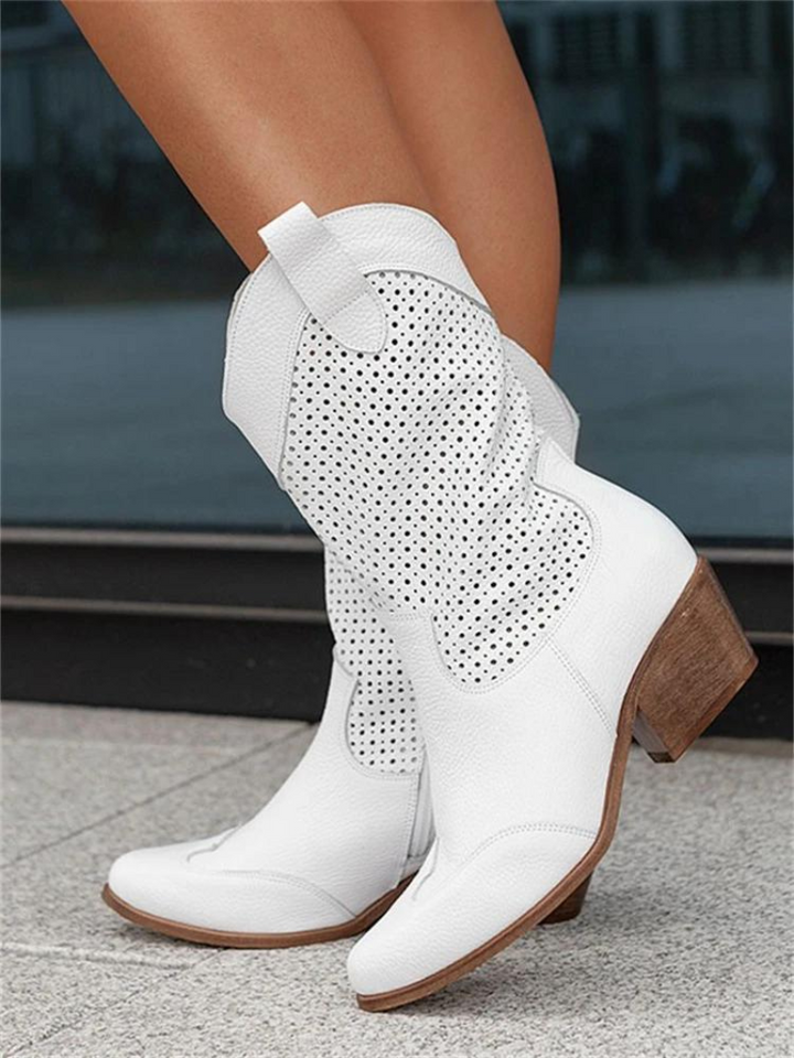 Women's perforated western mid-calf boots, pointed toe, pull-on style, perfect for fall fashion.
