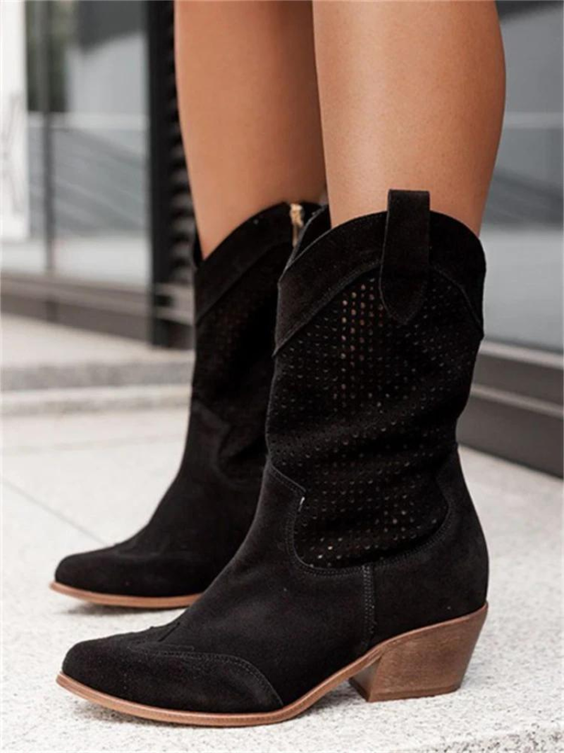 Stylish women's perforated western cowboy boots with pointed toe, comfortable for spring & fall fashion.