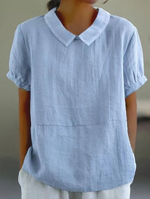 Women's Peter Pan collar casual blouse with relaxed fit and short sleeves, perfect for everyday summer style.
