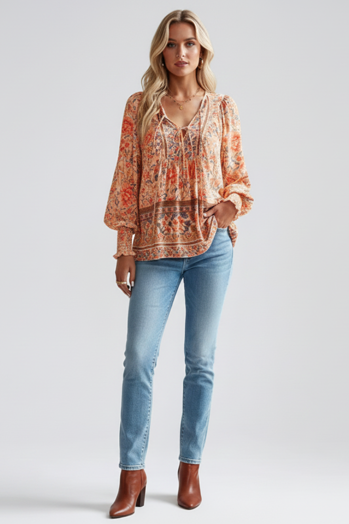 Vibrant pink floral women's blouse with long sleeves & V-neck. Loose, comfortable top for spring & summer casual wear.